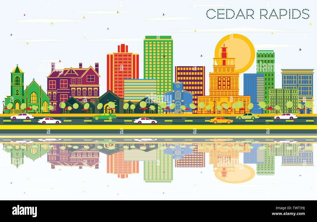 Cedar Rapids Iowa City Skyline avec les bâtiments, de couleur bleu ciel et les réflexions. Vector Illustration. Illustration de Vecteur