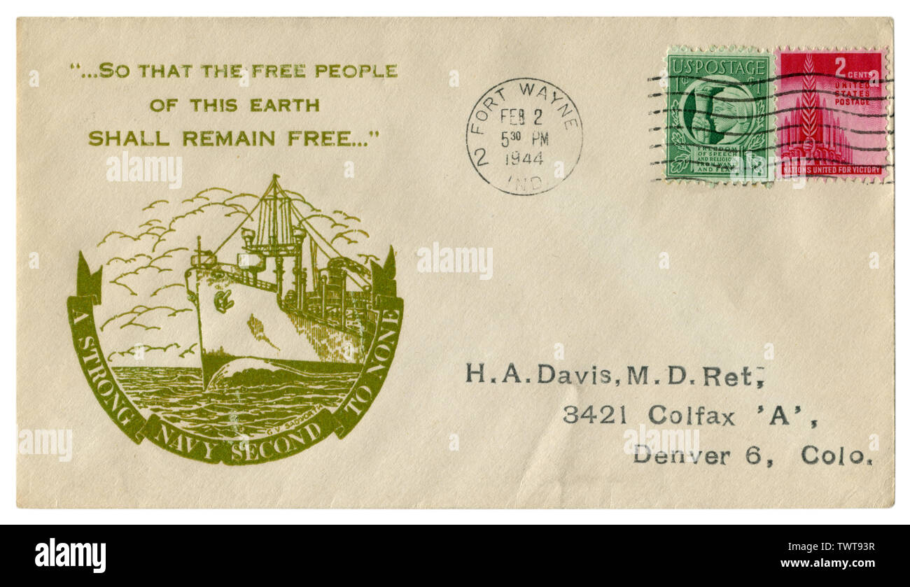 Fort Wayne, Indiana, USA - Le 2 février 1944 : l'enveloppe historique : couvrir avec un cachet particulier avec une forte marine incomparable, des nations unis pour la victoire Banque D'Images