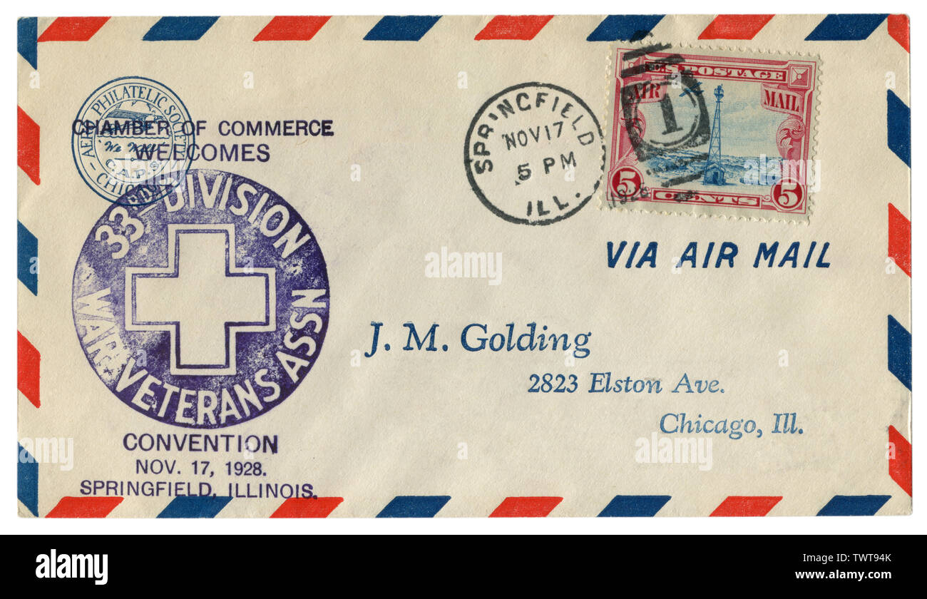 Springfield, Illinois, USA - Le 17 novembre 1928 : l'enveloppe historique : couvrir avec l'Association des anciens combattants de guerre cachet 33e division, convention Banque D'Images