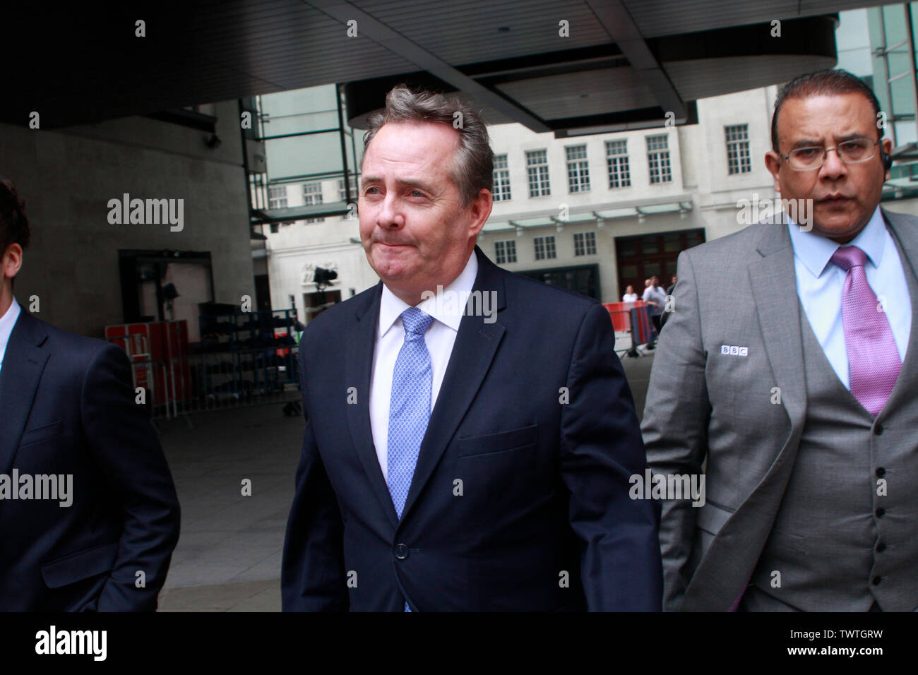 Londres, Royaume-Uni, 23 juin 2019. Liam Fox, secrétaire d'État au commerce international, quitte les studios de la BBC à Londres Banque D'Images