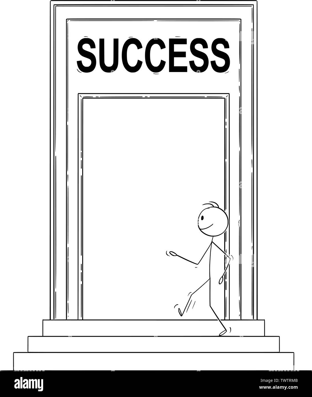 Vector cartoon stick figure dessin illustration conceptuelle de l'homme confiant ou businessman walking par grande porte avec succès signe et la saisie des capacités comme métaphore de l'avenir. Illustration de Vecteur