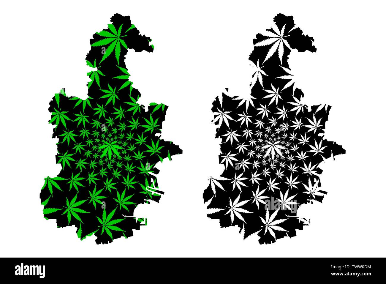 Tianjin (divisions administratives de Chine, Chine, République populaire de Chine, RÉPUBLIQUE POPULAIRE DE CHINE) La carte est conçue de feuilles de cannabis vert et noir, carte de Tientsin fait o Illustration de Vecteur