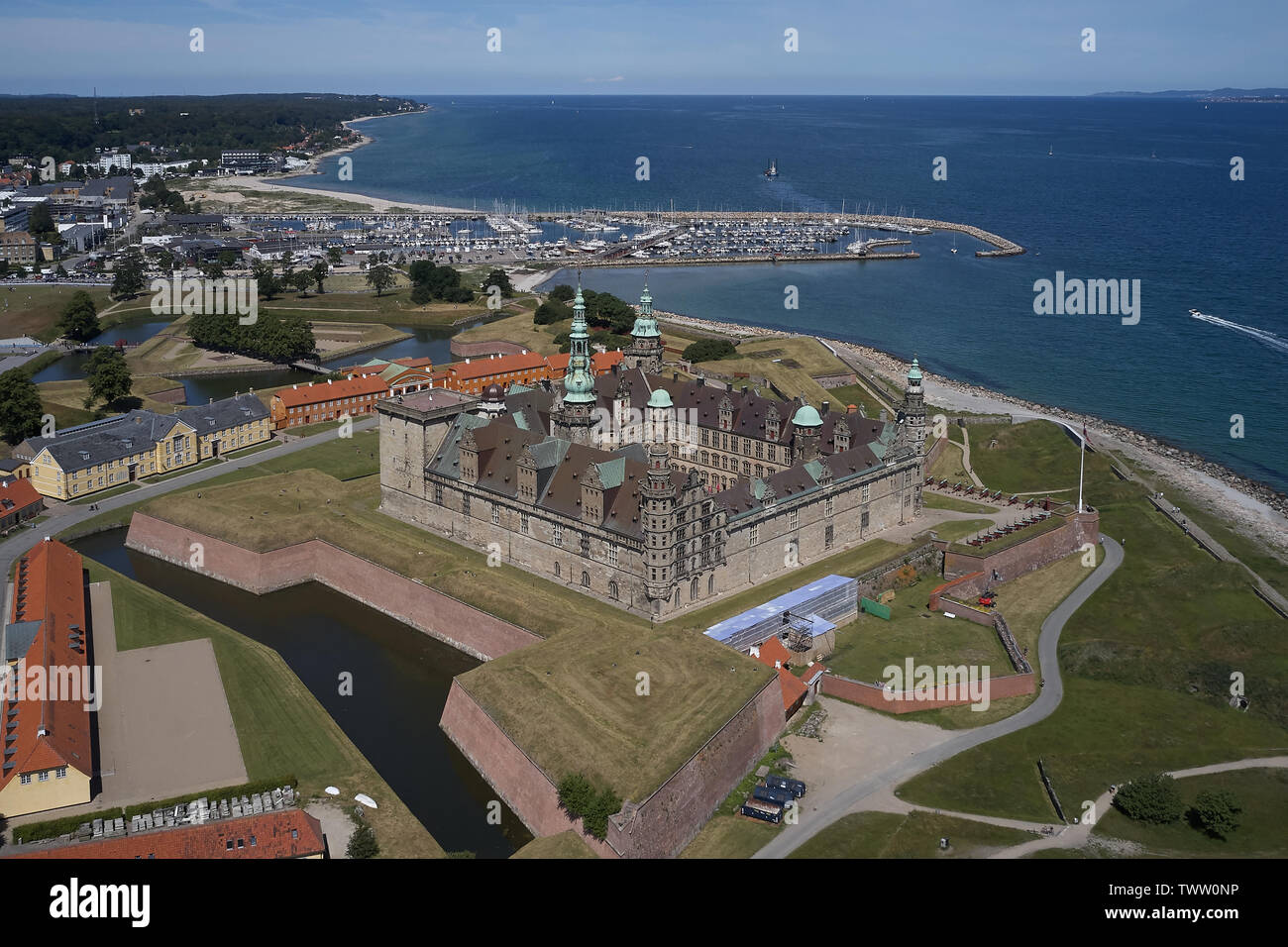 Vue aérienne de l'ancien château de Kronborg situé à Helsingoer, Danemark Banque D'Images