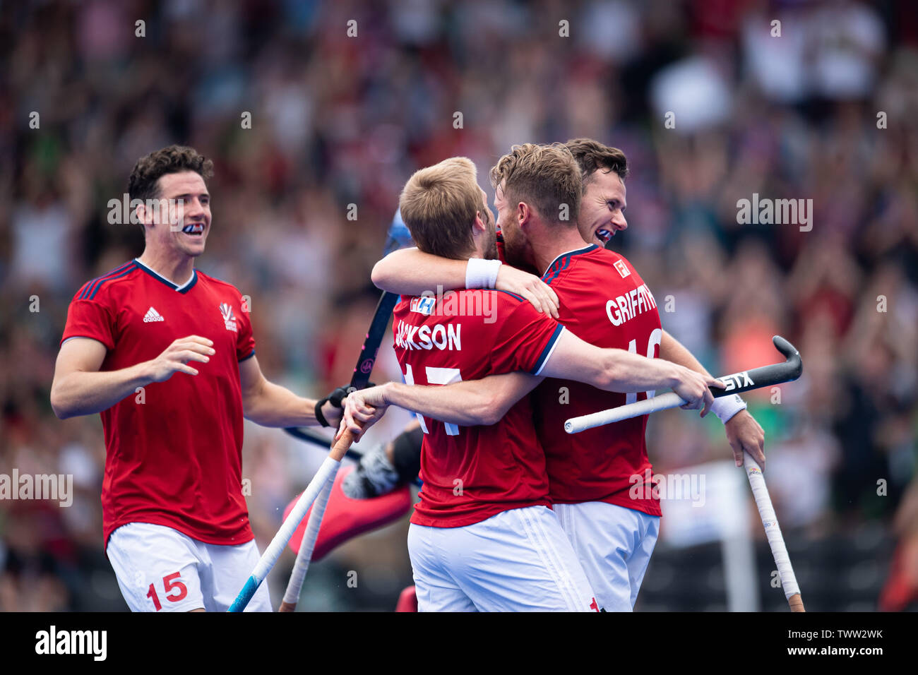 Londres, Royaume-Uni. Jun 23, 2019. FORSYTH Alan de Grande-bretagne célèbre marqué un but au cours de la Ligue Pro FIH souhaite : Grande-Bretagne contre la Nouvelle-Zélande (hommes) au stade de Twickenham Stoop le dimanche, Juin 23, 2019 à Londres en Angleterre. Credit : Taka G Wu/Alamy Live News Banque D'Images