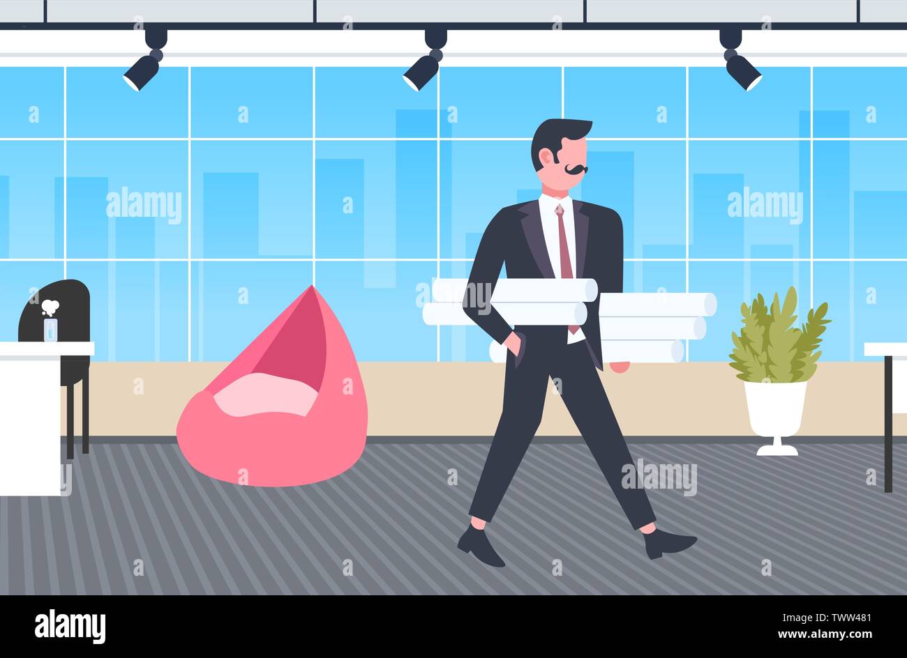 Architect holding rolled up blueprints nouveau projet de déplacement de l'ingénieur de l'industrie de la construction entrepreneur concept architecture avec des projets architecturaux Illustration de Vecteur