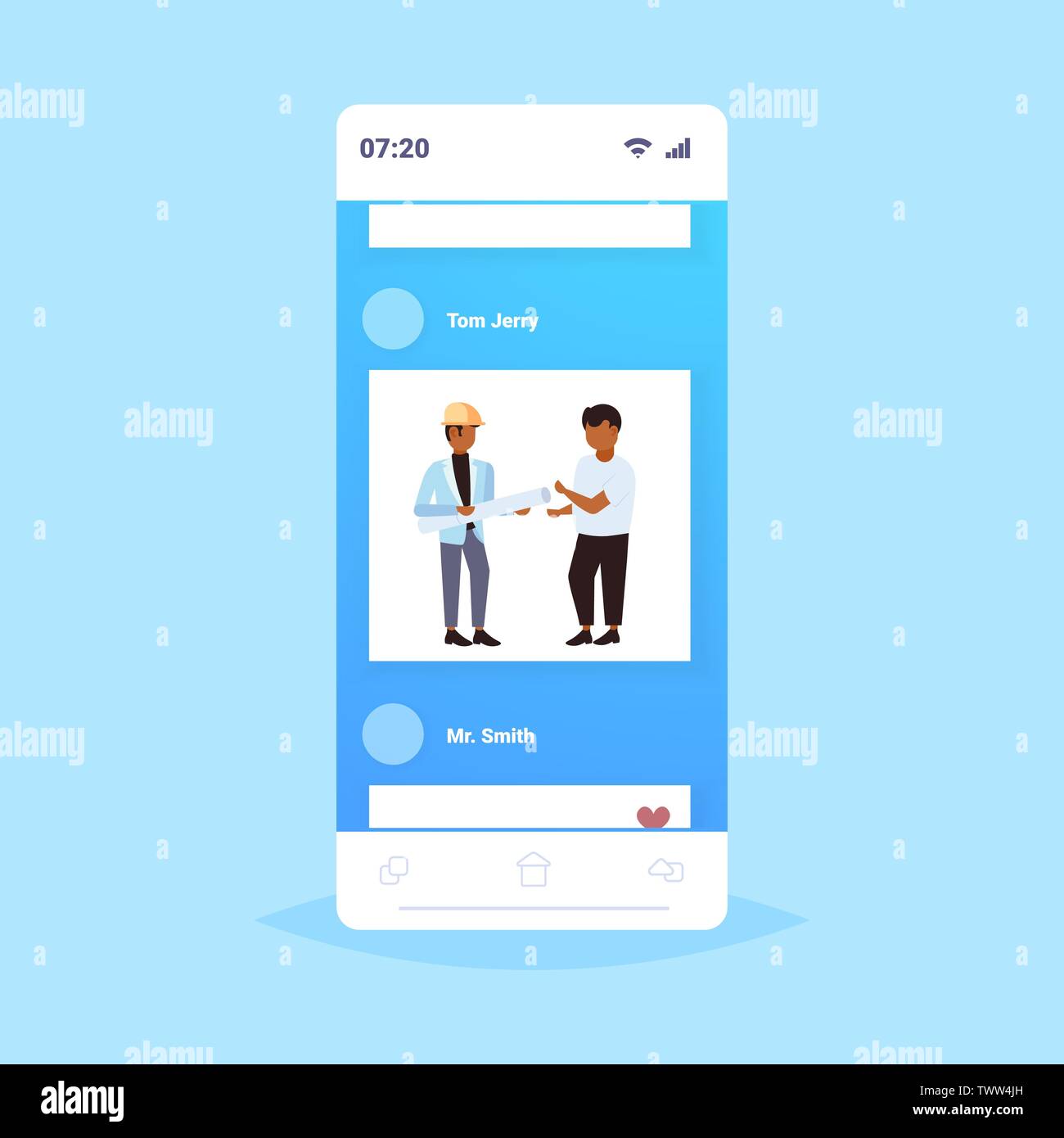 Deux architectes avec rolled up blueprints discuter de nouveau projet de construction de l'équipe des ingénieurs de course mix concept de l'industrie de l'écran du smartphone mobile en ligne Illustration de Vecteur