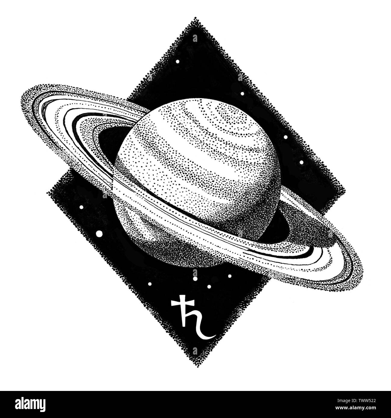 Planète Saturne. Stylo encre dessinés à la main, l'illustration dans le style dotwork. Concept de l'espace, l'astrologie, l'astronomie, d'impression sur t-shirt design logo cosmique. R astrologique Banque D'Images