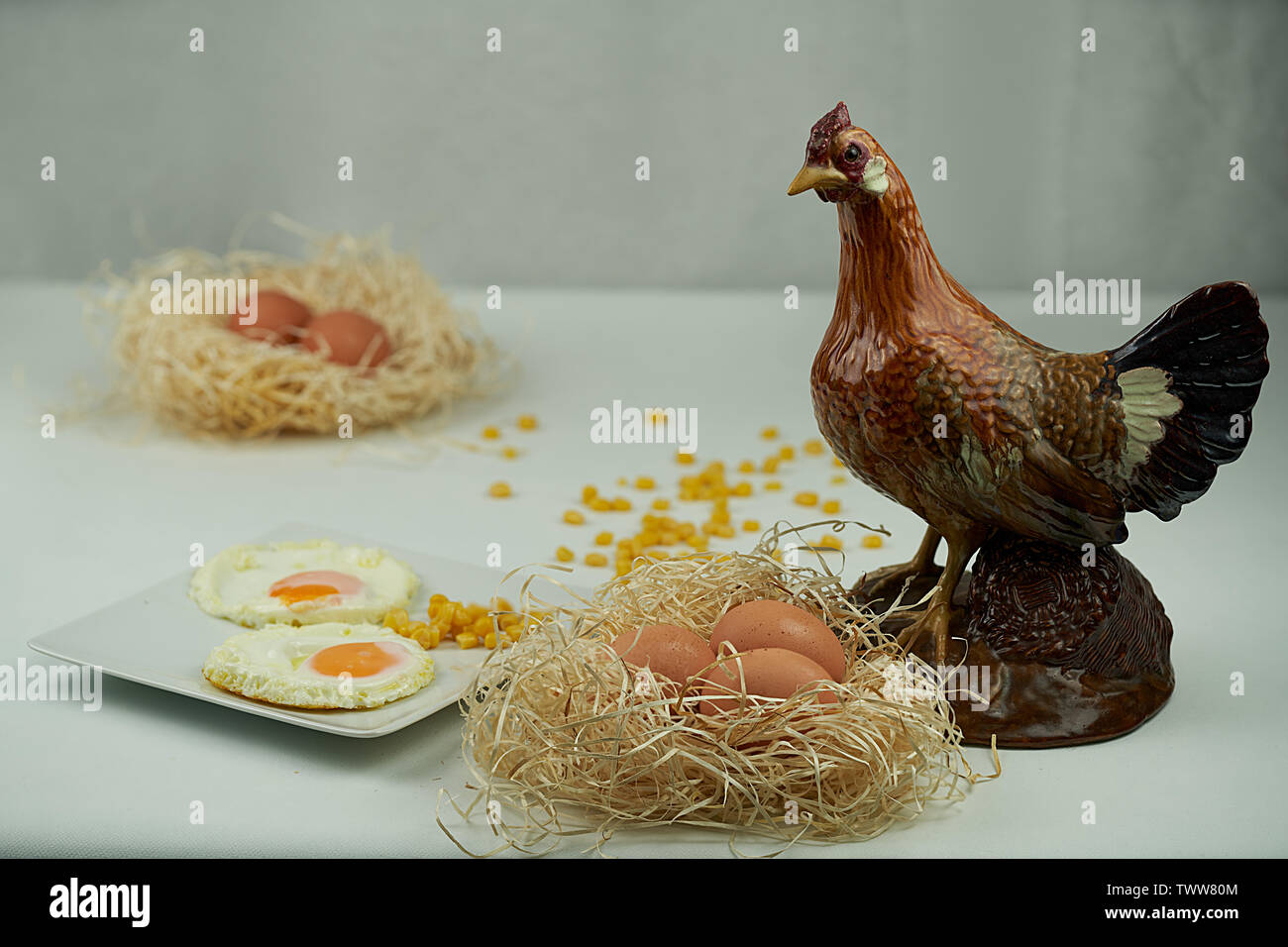 Les oeufs au plat et oeufs frais sur les nids de paille et d'une belle poule en porcelaine Banque D'Images