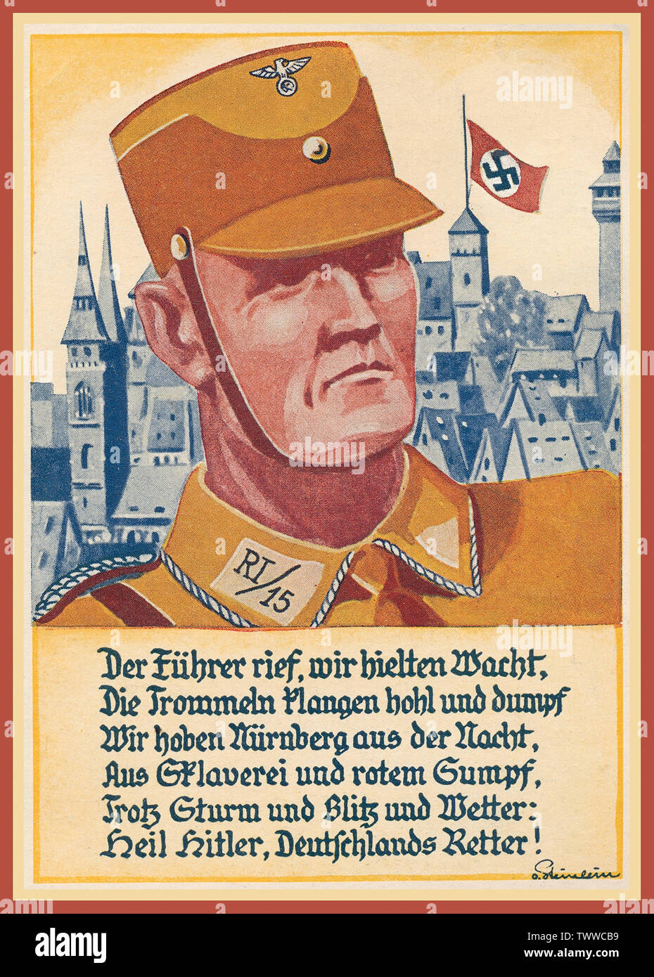 Affiche de propagande nazie Vintage Postcard 1933, '1933' jour parti Nazi Swastika Nuremberg flag flying 'Reich Partie Rally 1933' 'Kopfbild SA-Mann" et dire "le Führer a appelé, nous avons continué à regarder ...'. 'Nuremberg 2.9.33'. 'Heil Hitler Allemagnes Sauveur' Banque D'Images