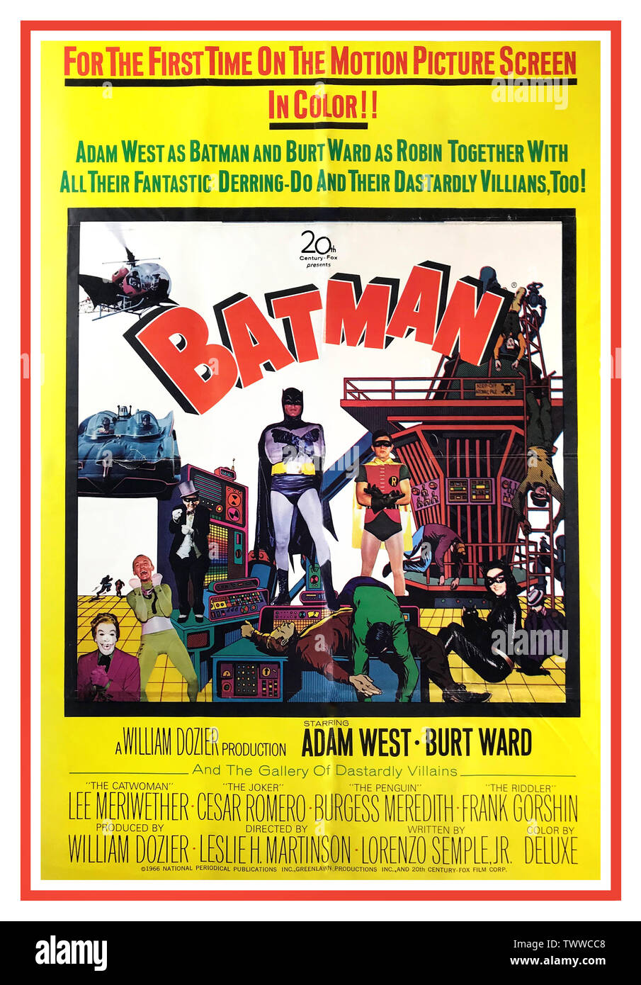 BATMAN, 1966, Original vintage Adam West ( cinéma poster avec Adam West, Burt Ward comme Batman, Robin, Lee Meriwether, directeur Leslie Martinson écrivains Lorenzo Semple Jr. et Bob Kane. Bob Kane et Bill Finger's DC Comics super-héros de bande dessinée Batman "Pour la première fois sur l'écran en couleur ! "Adam West et Burt Ward comme Batman Robin comme avec tous leurs fantastiques derring-do et leurs ignobles méchants aussi !" Banque D'Images