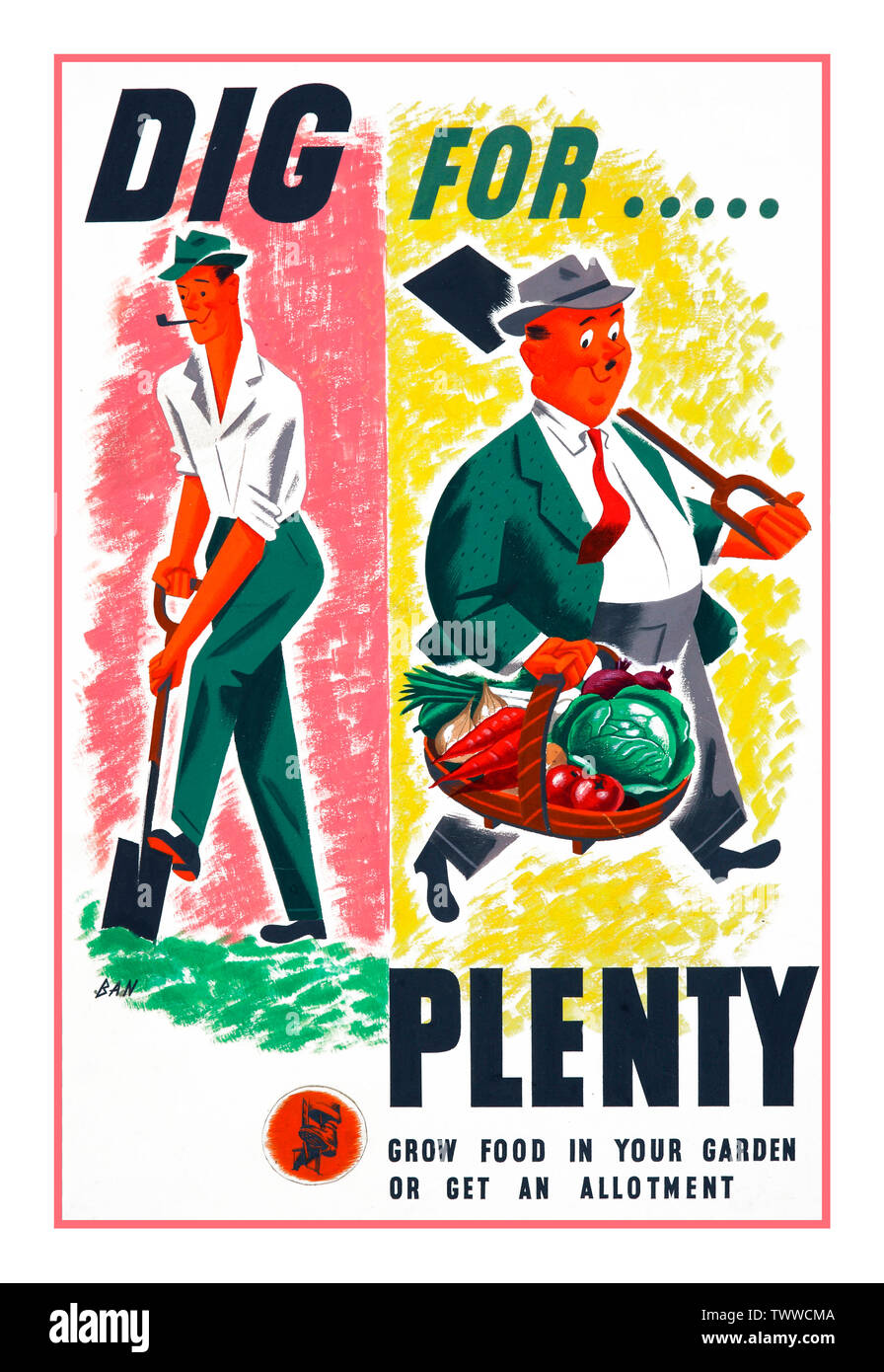 Vintage UK WW2 Propaganda Production alimentaire Poster "creuser pour...beaucoup. Cultiver des aliments dans votre jardin ou faire une affectation" des années 1940, la promotion de la culture d'aliments à la maison en temps de guerre Banque D'Images