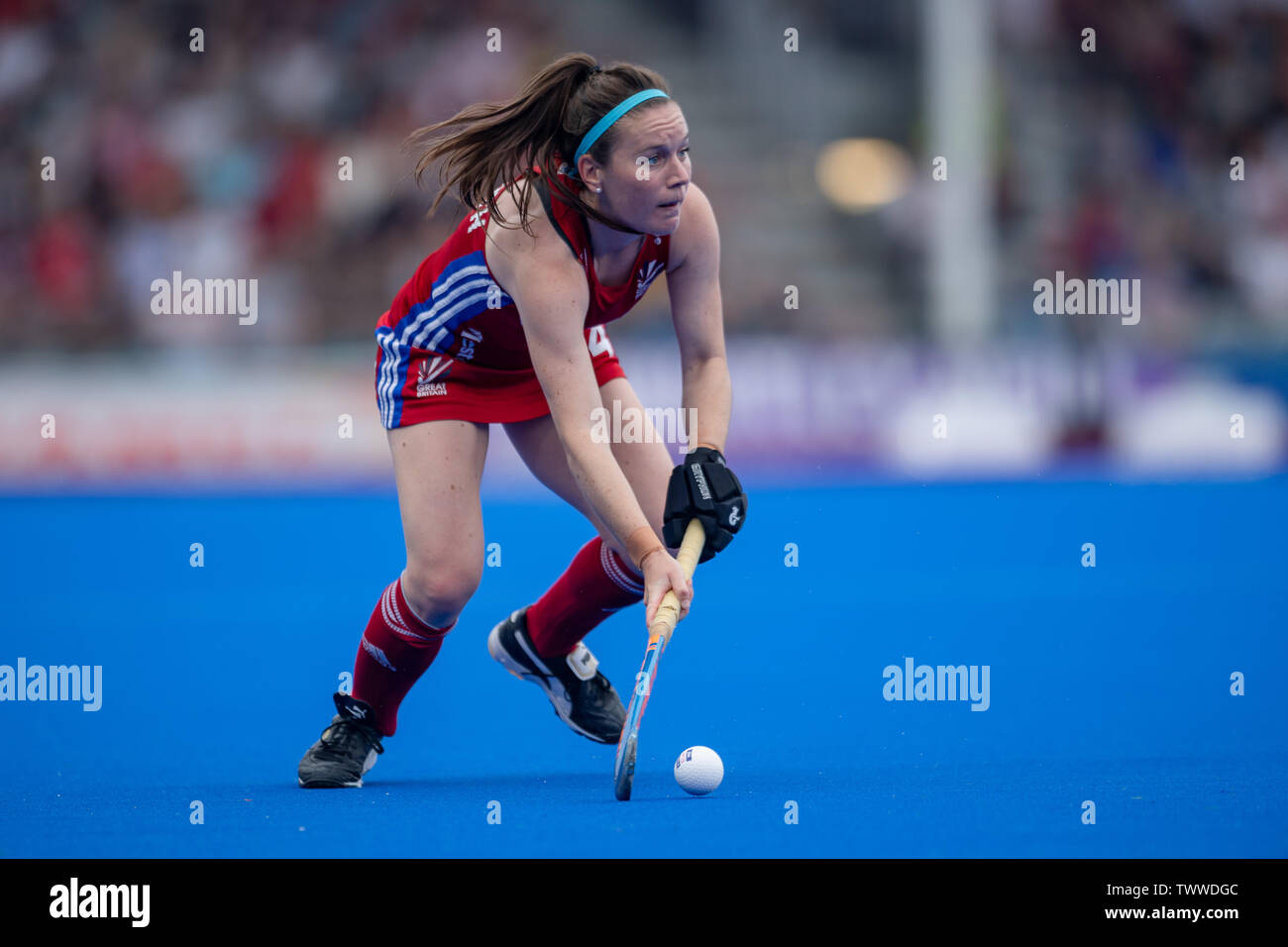 Londres, Royaume-Uni. Jun 23, 2019. Laura Unsworth (GBR) en action lors de la Ligue Pro FIH souhaite : Grande-Bretagne contre la Nouvelle-Zélande (femmes) au stade de Twickenham Stoop le dimanche, Juin 23, 2019 à Londres en Angleterre. Credit : Taka G Wu/Alamy Live News Banque D'Images