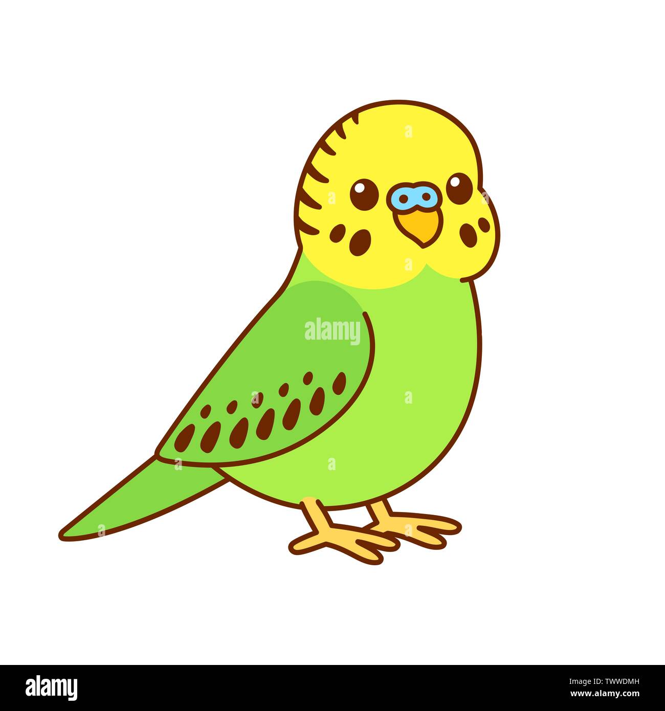Cute cartoon budgie dessin. Peu de vert et jaune oiseau perruche illustration vectorielle. Illustration de Vecteur
