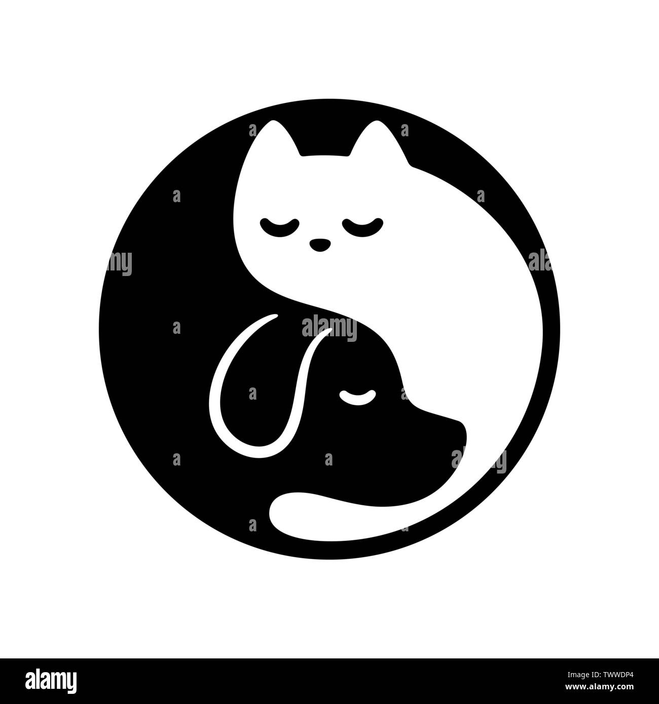 Chat et chien symbole Yin Yang. Simple et mignon cartoon noir et blanc Animaux en cercle. Illustration vecteur minimal. Illustration de Vecteur