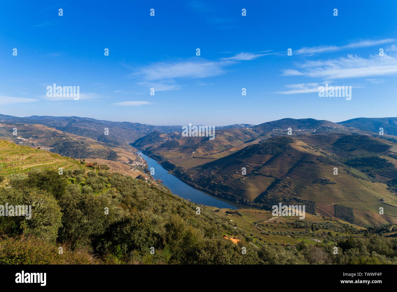 Vue aérienne de la pittoresque vallée du Douro et rivière avec vignobles en terrasses près du village de Tua, Portugal Banque D'Images