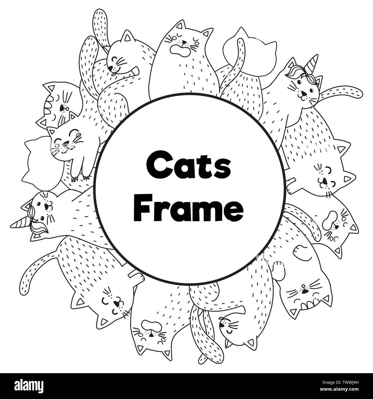 Châssis avec funny cats en page à colorier style. Cadre noir et blanc avec place pour votre texte. Vector illustration Illustration de Vecteur
