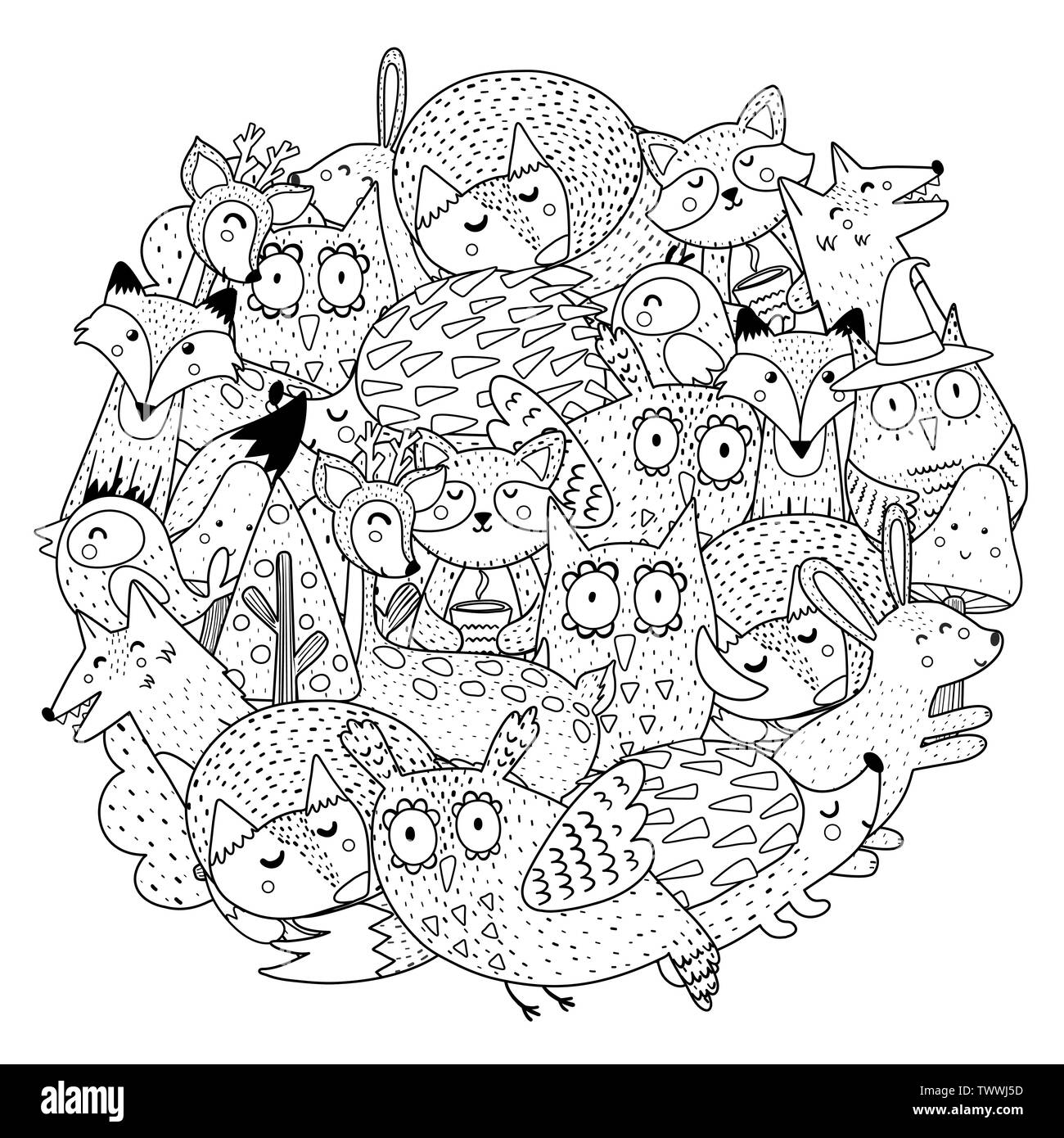 Fantasy les animaux de la forme du cercle page à colorier. Noir et blanc. Vector illustration Illustration de Vecteur