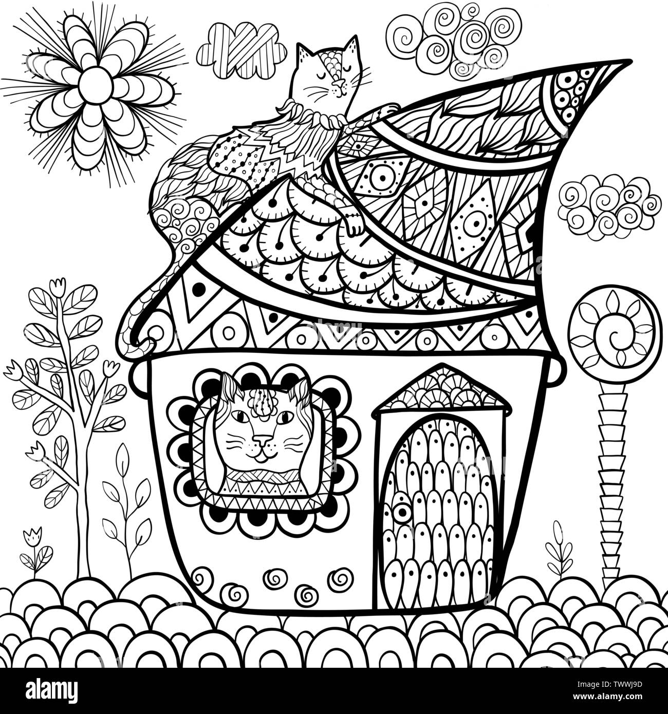 Fantasy cat house coloriage pour adultes et enfants. Vector illustration Illustration de Vecteur