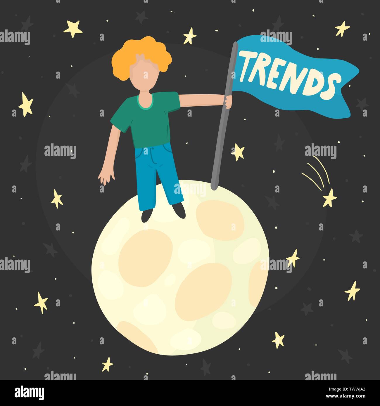 Les tendances de la recherche concept avec un homme debout sur la lune avec un drapeau. Vector illustration Illustration de Vecteur