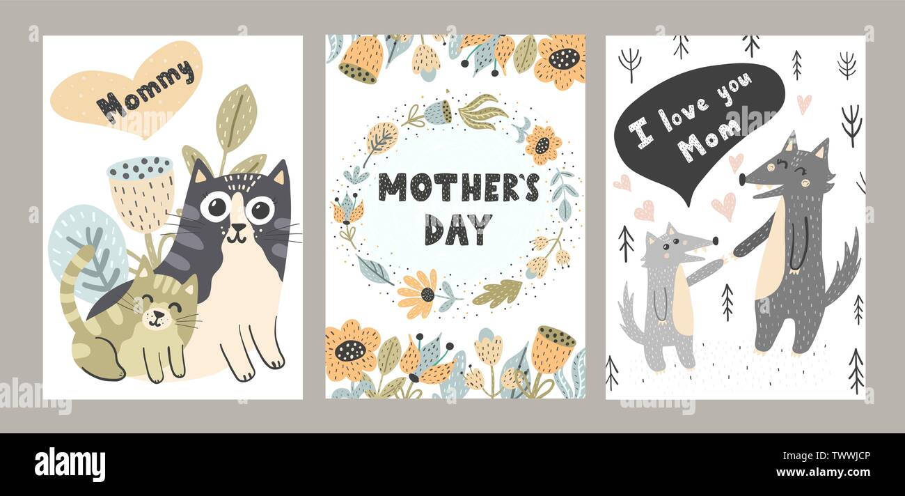 J'aime Maman jeu de cartes avec des animaux. Hand drawn vector illustrations pour affiches, cartes, t-shirts Illustration de Vecteur