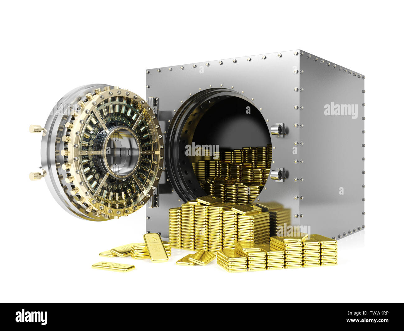 Coffre-fort de la banque et a ouvert la porte de chambre forte de banque  révélant barres d'or, rendu 3D Photo Stock - Alamy