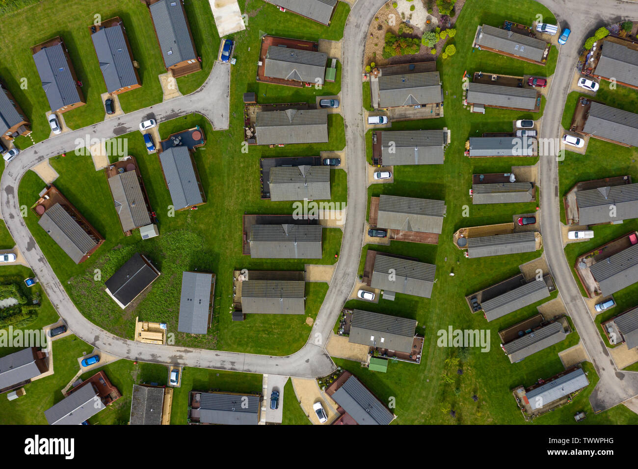 Vue aérienne des groupes de caravanes et maisons mobiles au Royaume-Uni Banque D'Images