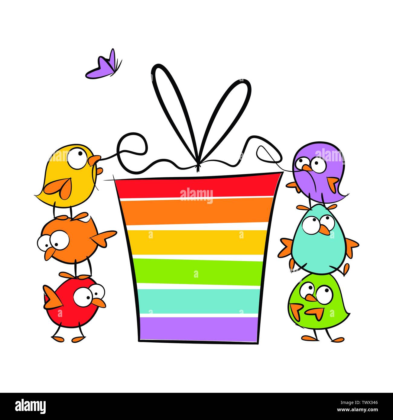 Oiseaux drôles un sur un autre cadeau coloré d'ouverture de l'anniversaire - illustration isolé sur fond blanc Illustration de Vecteur