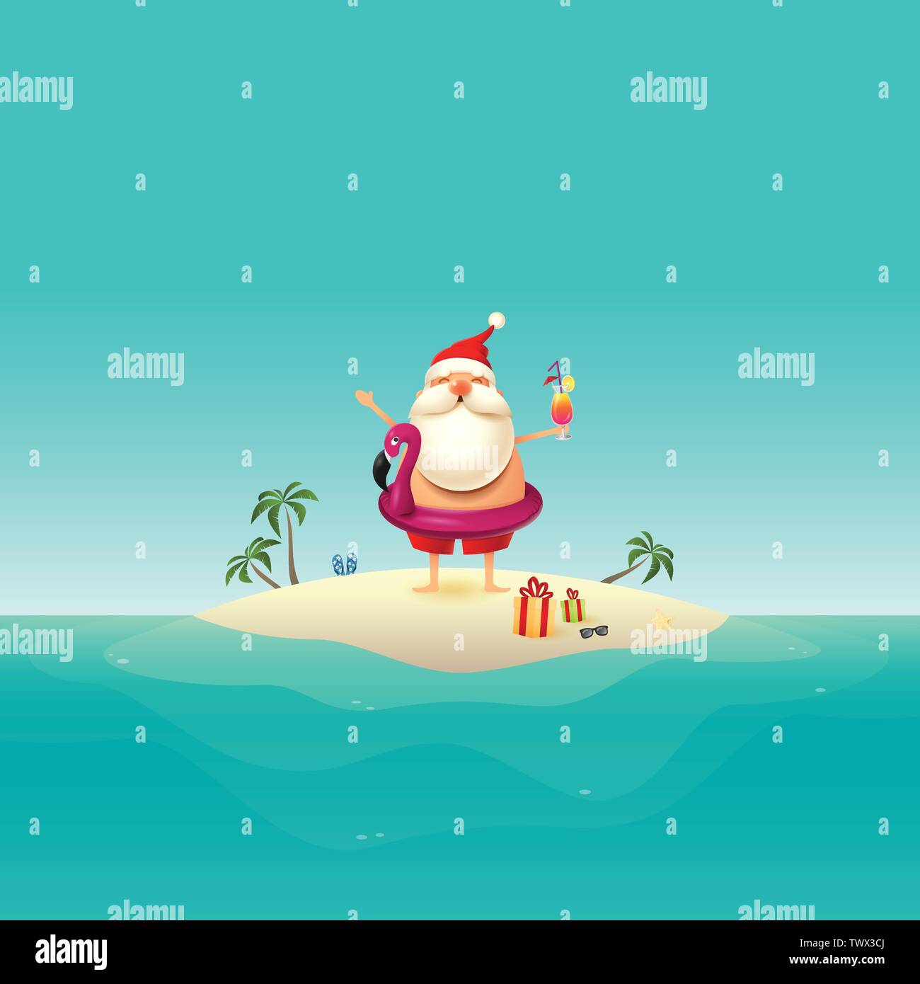 Père Noël sur l'île de Sable à l'océan avec flotteur flamingo gonflable Illustration de Vecteur