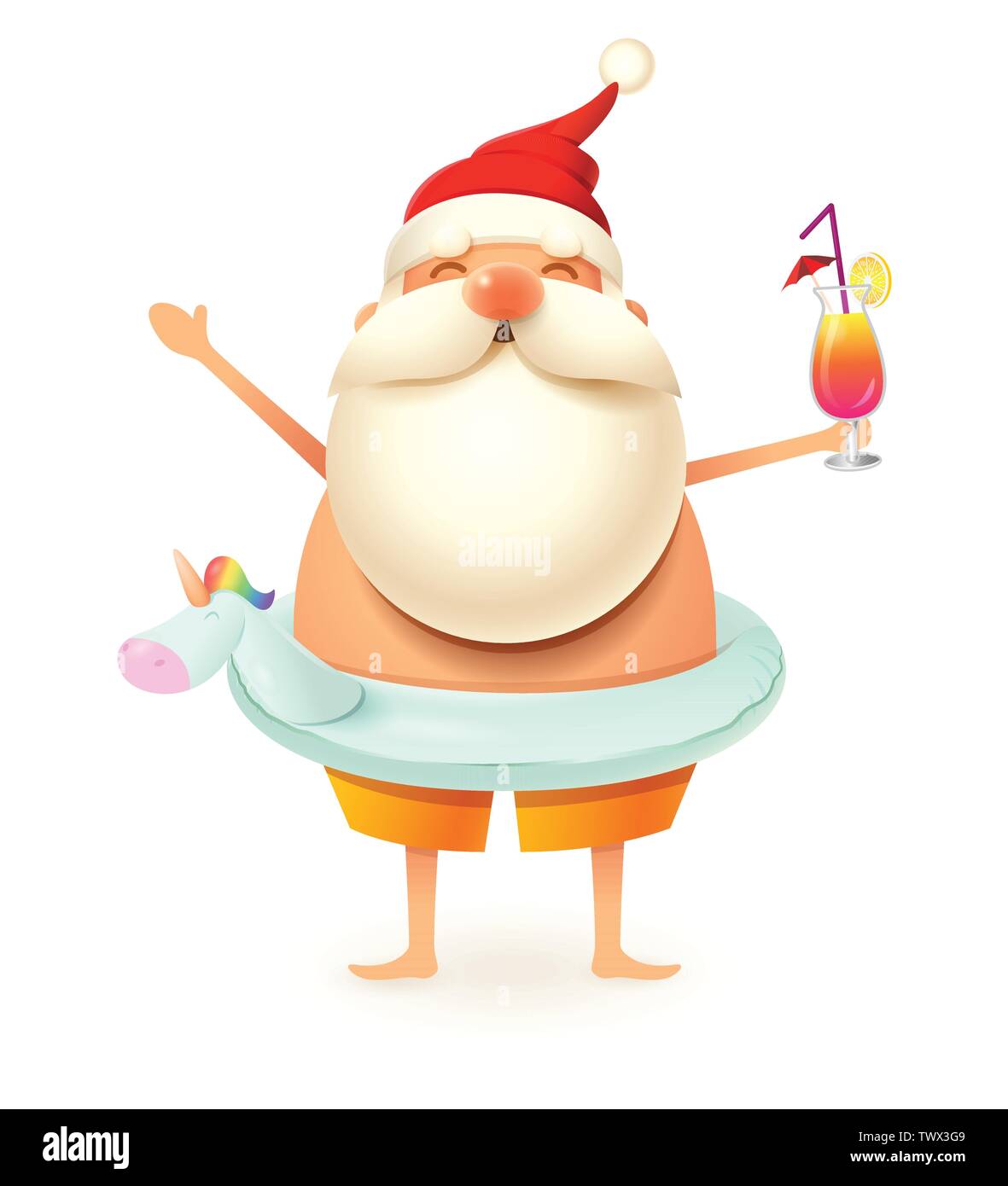 Père Noël avec unicorn gonflable anneau de bain l'été en fête - isolé sur fond blanc Illustration de Vecteur