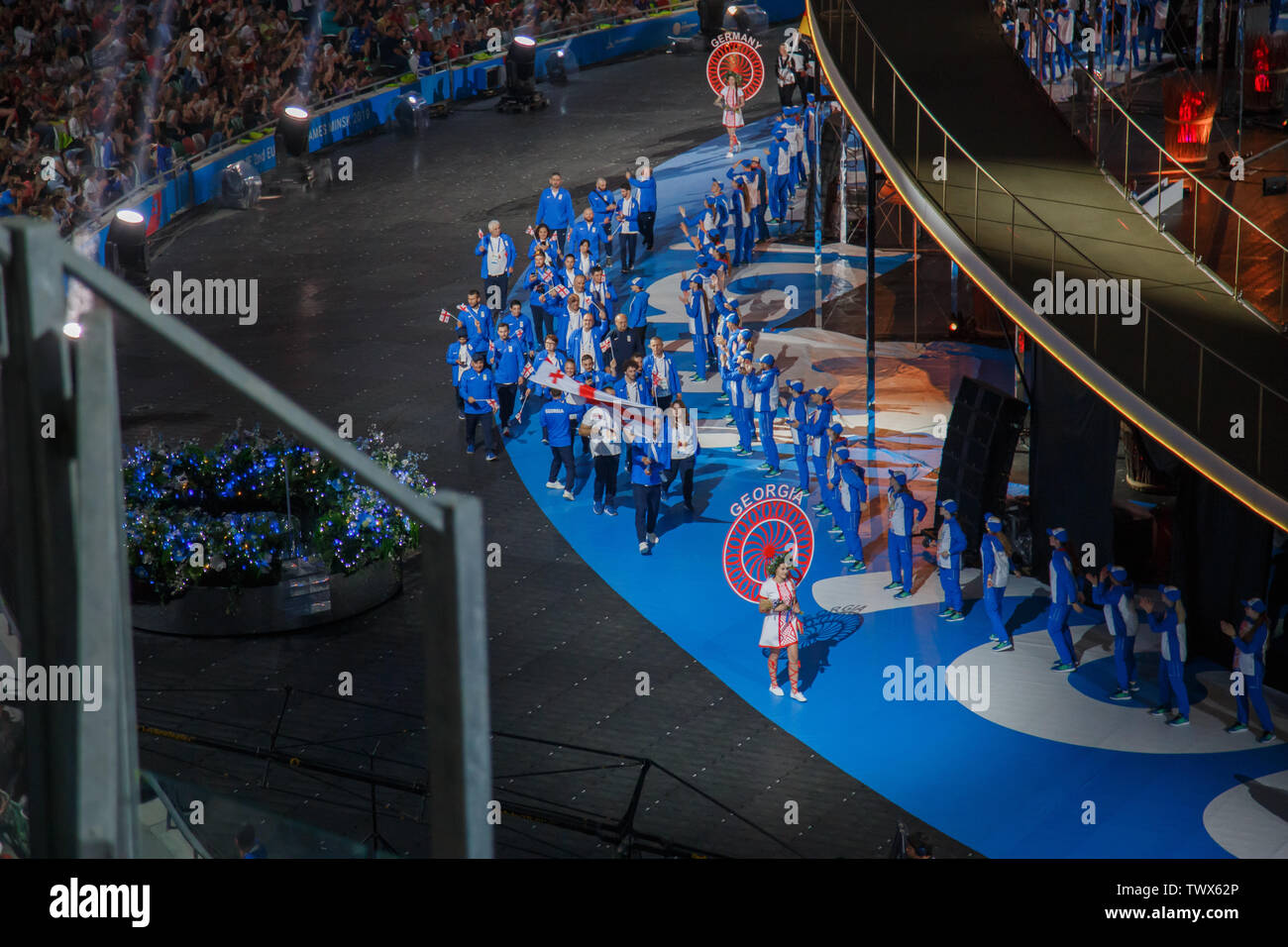 Minsk, Bélarus-21 juin, 2019 : l'équipe nationale de Géorgie à la cérémonie d'ouverture de la deuxième jeux européens à Minsk. Le stade Dinamo Banque D'Images