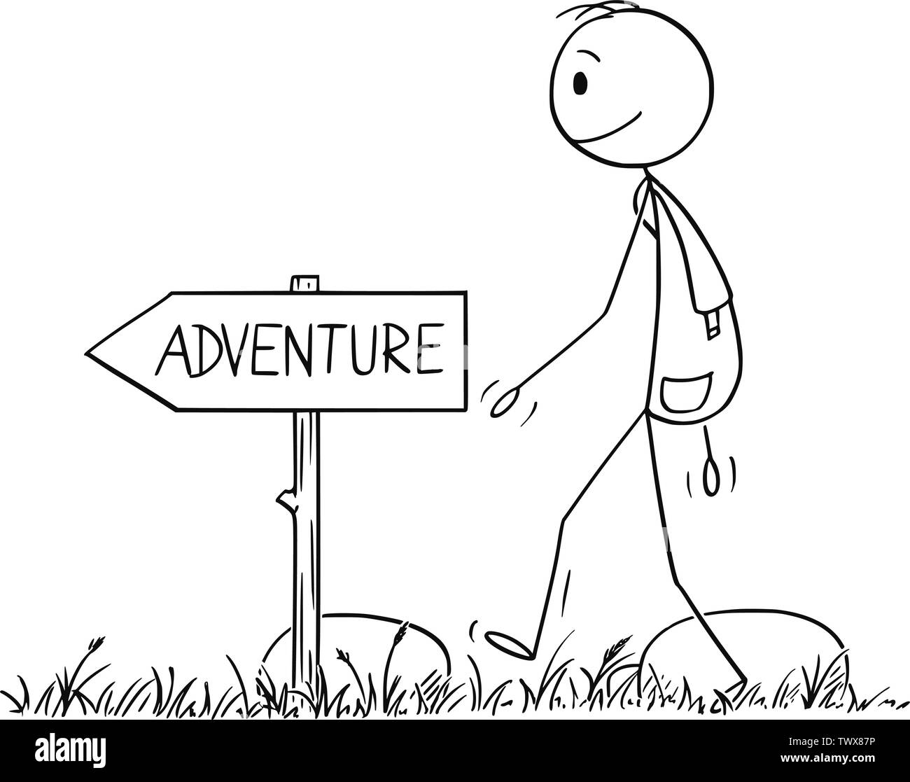 Vector cartoon stick figure dessin illustration conceptuelle de randonneur ou homme avec sac à dos de randonnée ou balade sur l'aventure dans la nature. Illustration de Vecteur