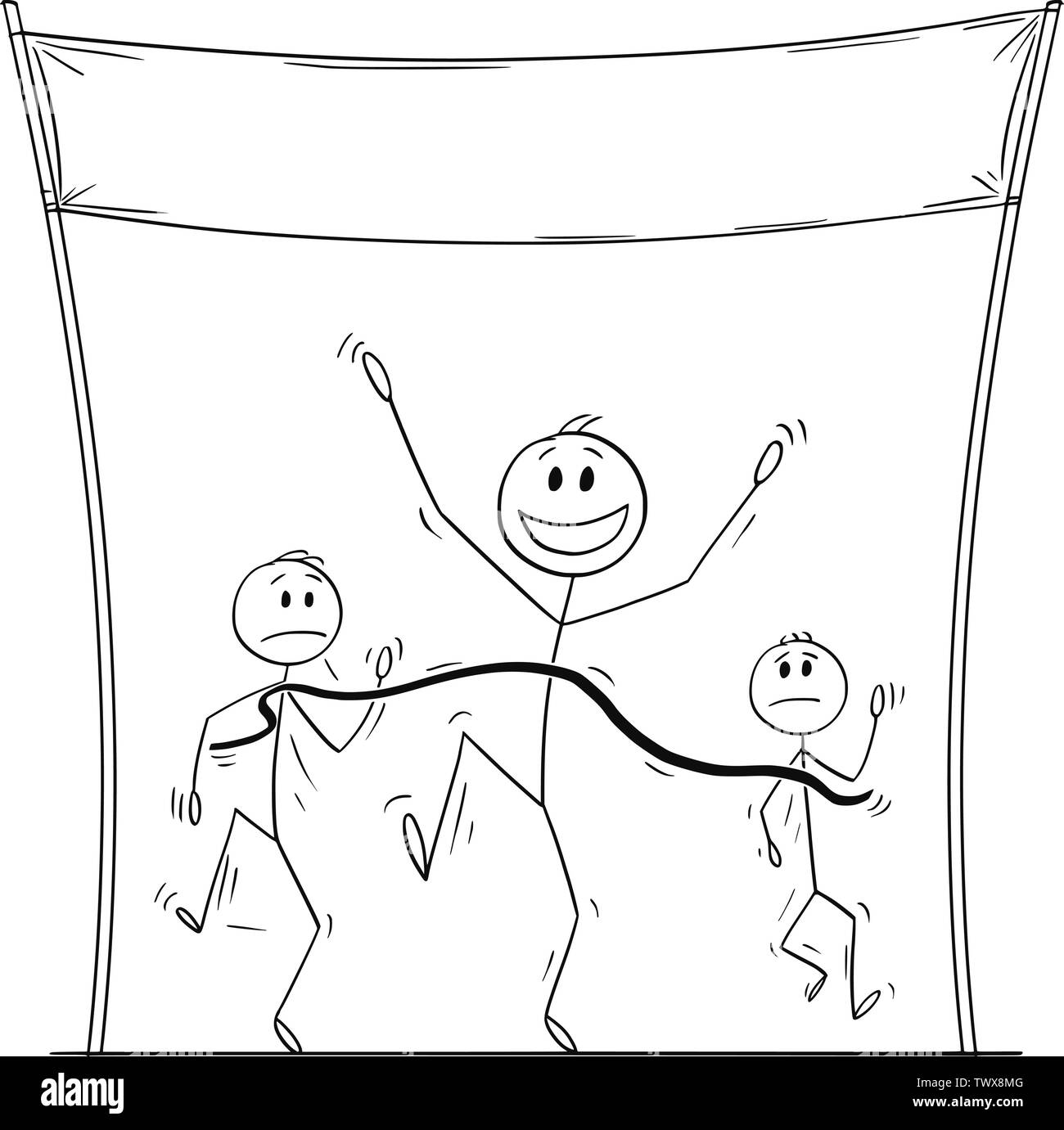Vector cartoon stick figure dessin illustration conceptuelle de sport homme victorieux ou sportif qui est la première sur la ligne d'arrivée en course ou marche. Illustration de Vecteur