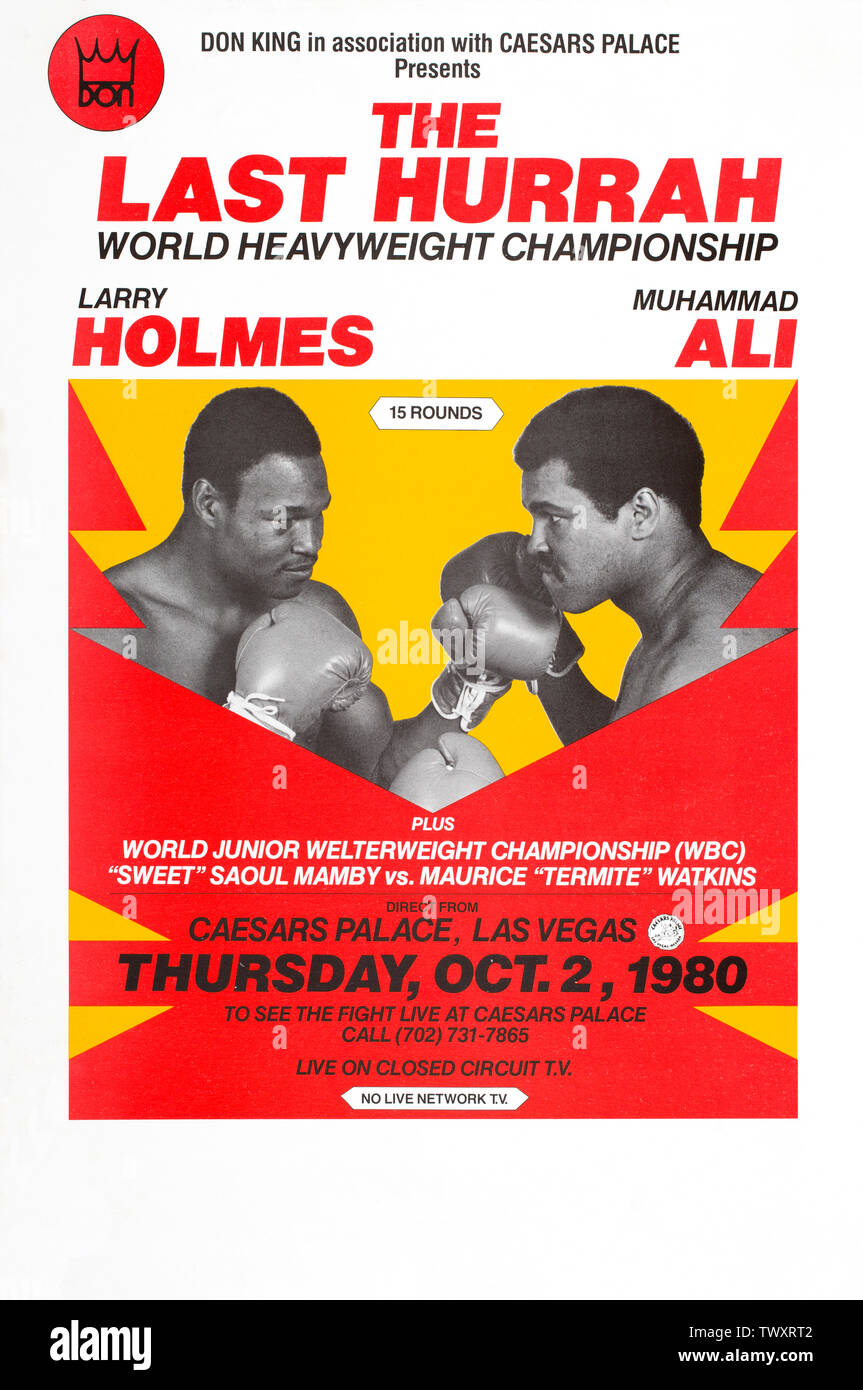 Muhammad Ali et Larry Holmes World Heavyweight Championship match de boxe poster Octobre 2, 1980. Banque D'Images