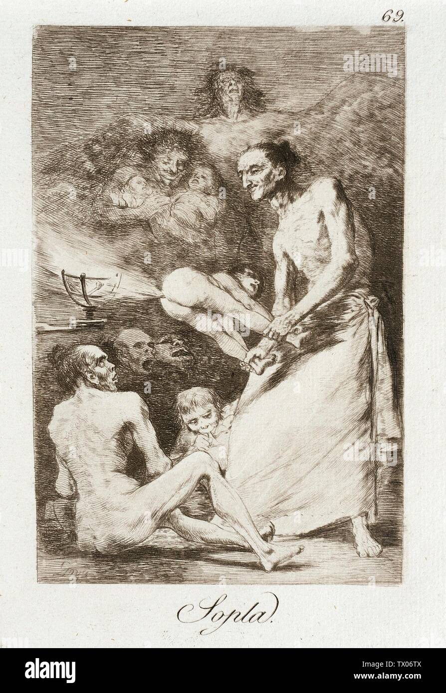 Coup; Espagne, 1799 alternative Sopla Portfolio: Los Caprichos plate: 69 impressions; etchings Etching, aquatint, point sec et plaque de burin: 8 1/4 x 5 15/16 in. (20,96 x 15,08 cm) ; tapis 19 x 14 po. (48,26 x 35,56 cm) Paul Rodman Mabury Trust Fund (63,11,69) tirages et dessins; 1799 date QS:P571,+1799-00-00T00:00:00Z/9; Banque D'Images