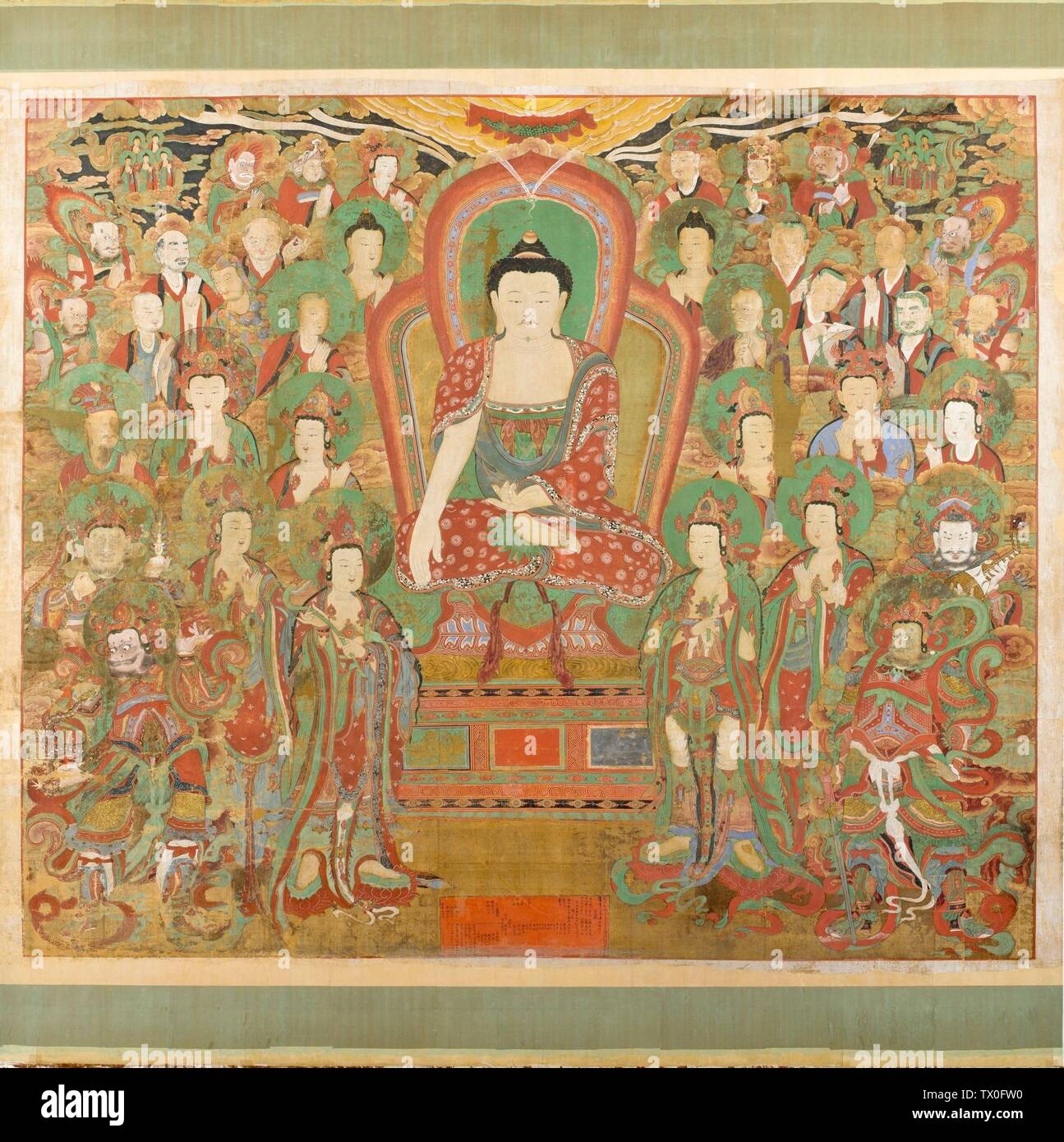Bouddha Seokgamoni (Shakyamuni) Prêchant à l'Assemblée sur Vautour Peak (image 1 de 11); Corée, Coréen, dynastie Joseon (1392-1910), daté 1755 Peintures Non Montées, encre et couleur sur soie image (environ): 132 x 160 po. (335,28 x 406,4 cm) Fonds d'acquisition d'œuvres D'art De L'Extrême-Orient (AC1998.268.1) Korean Art; Daté de 1755; Banque D'Images