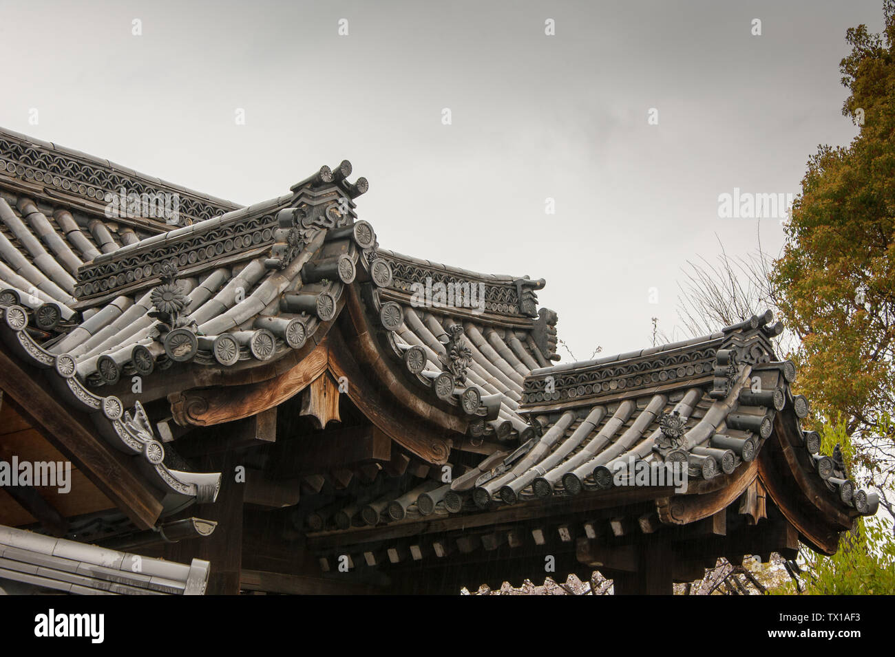 L'architecture de toiture traditionnelle japonaise avec gatou eaves style contre un ciel gris Banque D'Images
