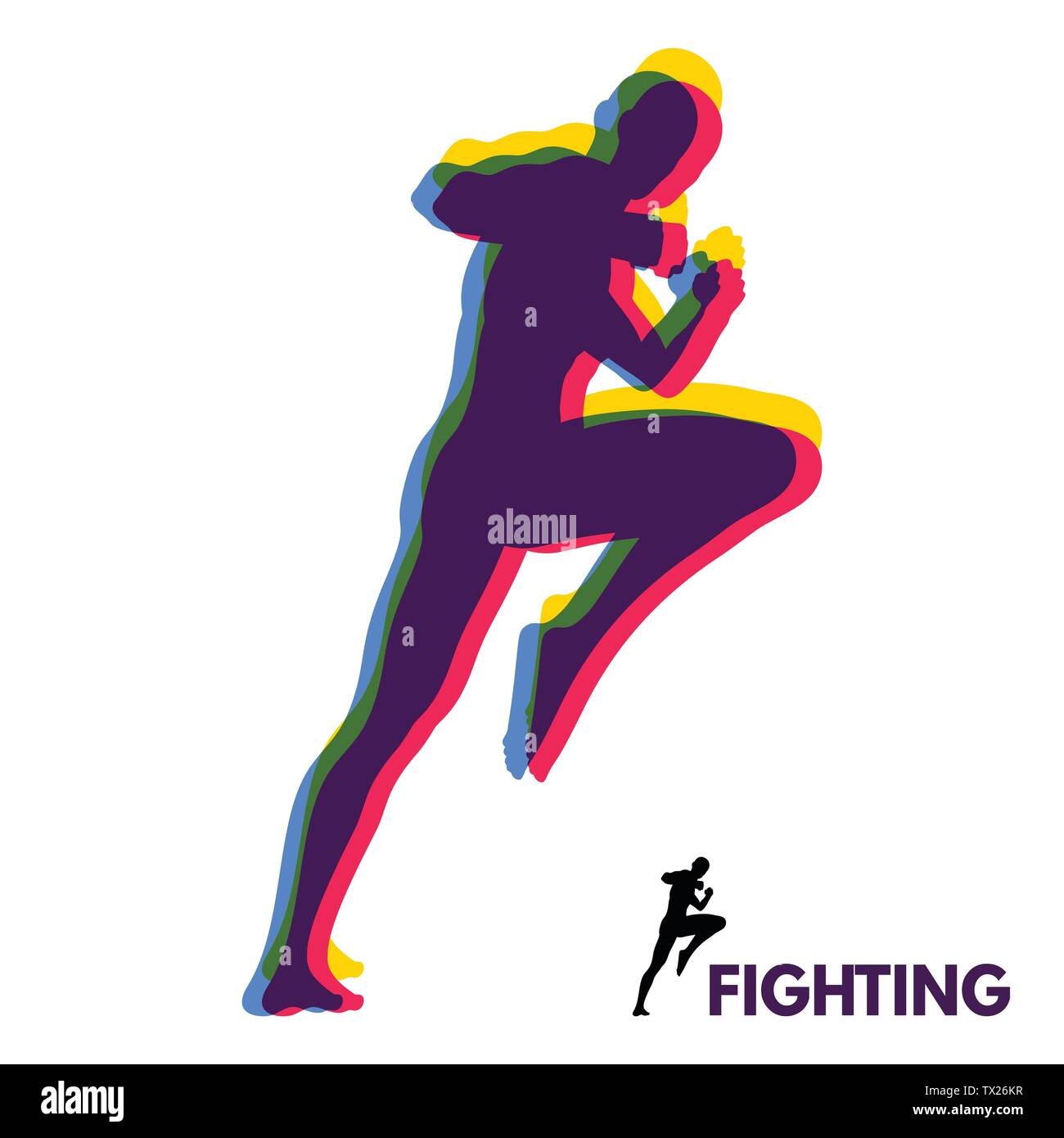 Kickbox fighter prépare à exécuter un coup de pied. Silhouette d'un homme de combat. Modèle de conception pour le sport. Emblème de la formation. Vector Illustration. Illustration de Vecteur