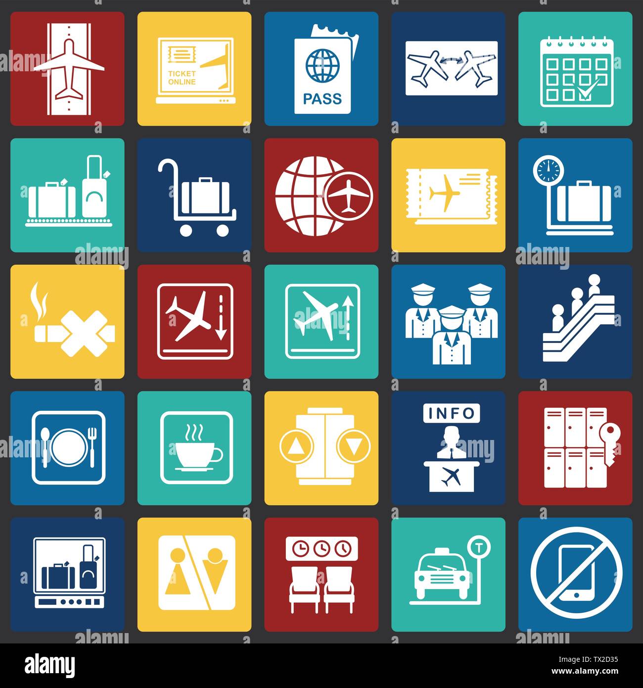 Les icônes de l'aéroport situé sur l'arrière-plan pour les carrés de couleur graphique et web design. Vecteur simple signe. Site Internet concept symbole de bouton ou Illustration de Vecteur