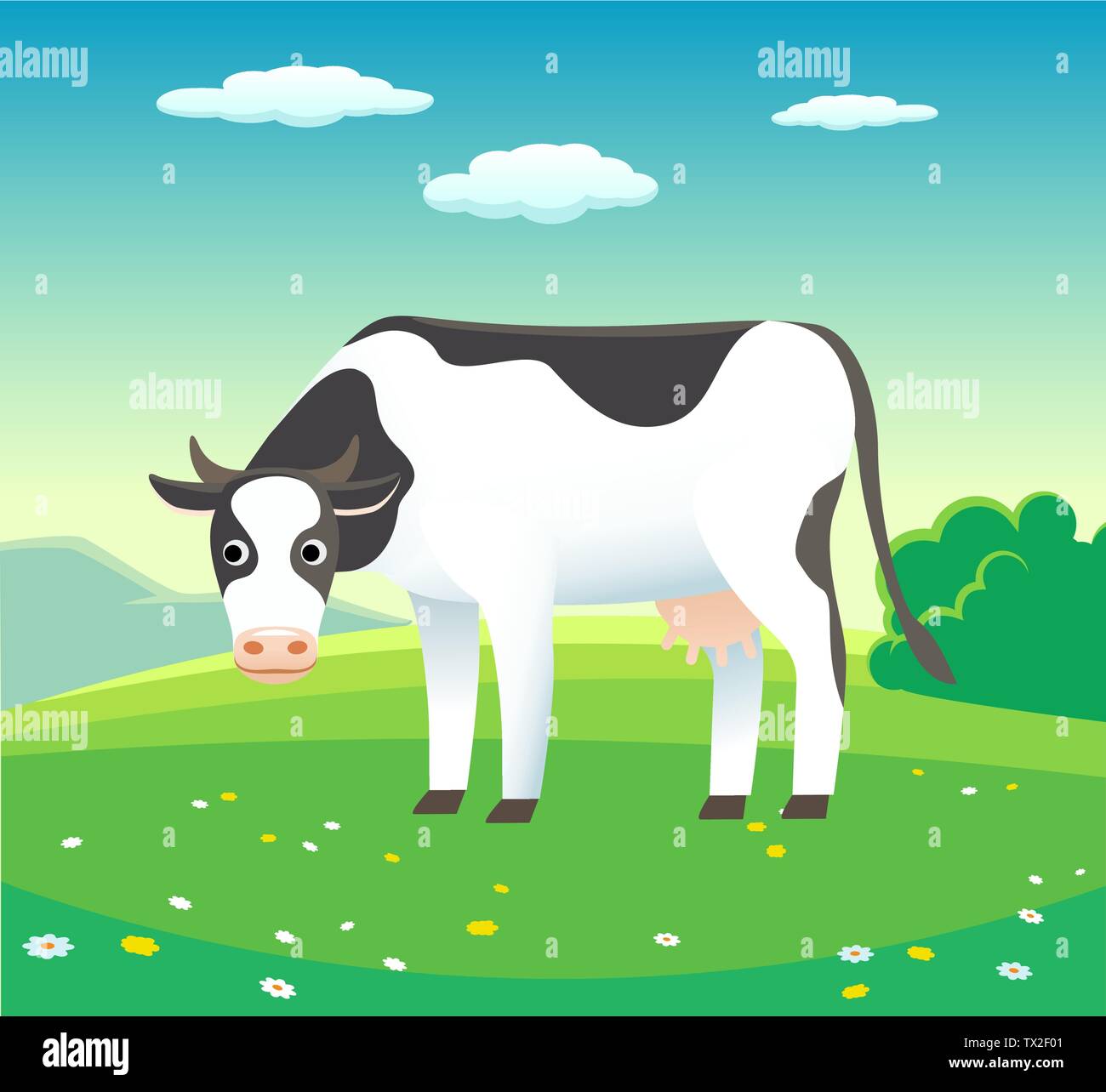 Nature paysage estival avec vache dans un pré, vector background illustration - pour les produits laitiers Illustration de Vecteur