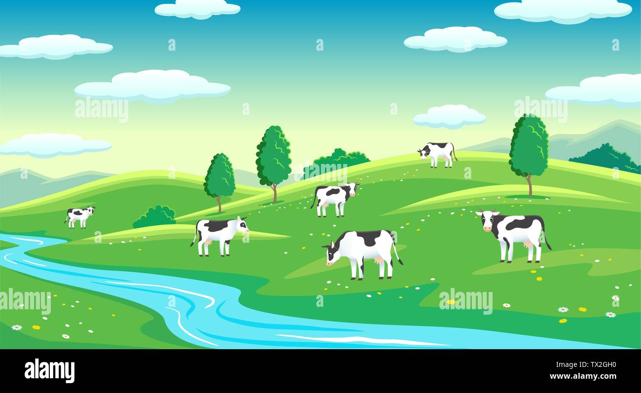Paysage d'été ferme colorées, bleu ciel clair avec Sun, les vaches sur terrain Illustration de Vecteur