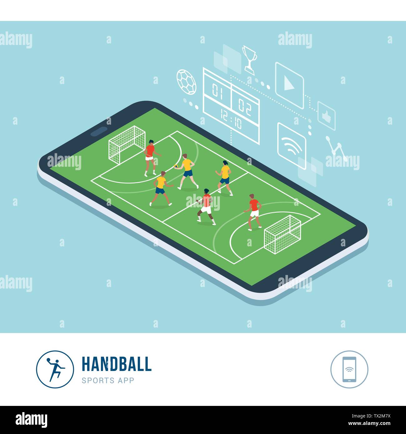 La compétition de sport professionnel : match de hand et joueurs d'exécution et du lancer balle, mobile app Illustration de Vecteur