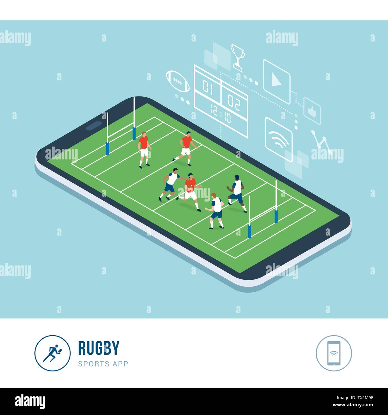 La compétition de sport professionnel : Rugby joueurs pendant un match, mobile app Illustration de Vecteur