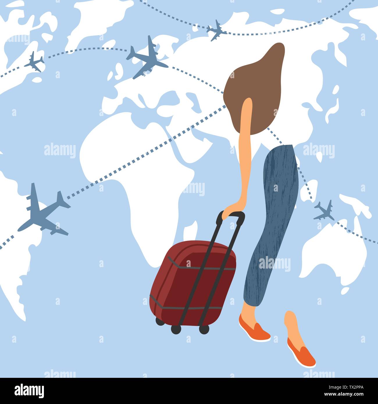Cute vector illustration avec Femme regardant une montre-bracelet et de valise contre une carte du monde avec le vol des avions dans le ciel . Girl prêt à voyager Illustration de Vecteur