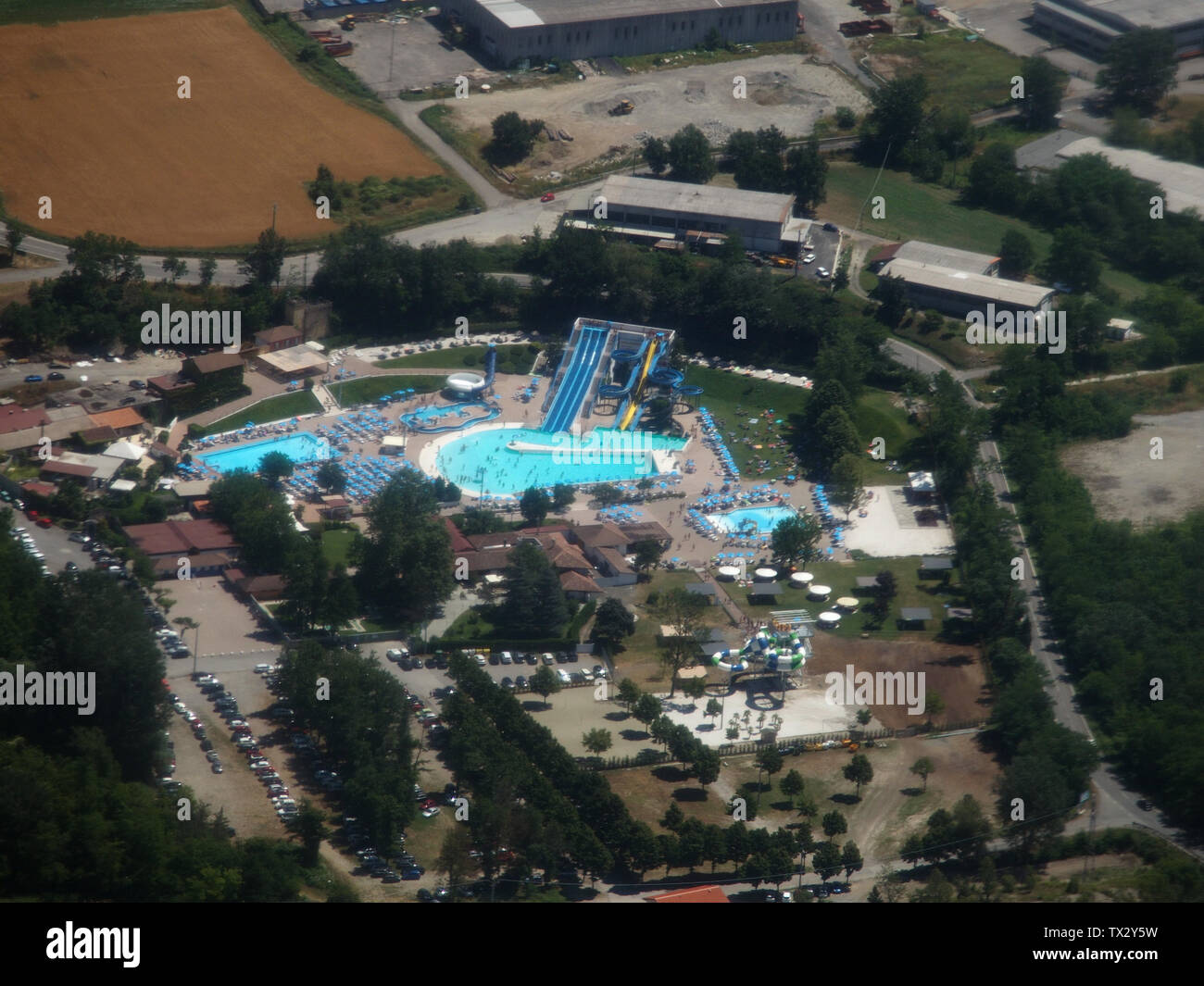 Vue aérienne du parc aquatique 'Bolle Blu' Banque D'Images