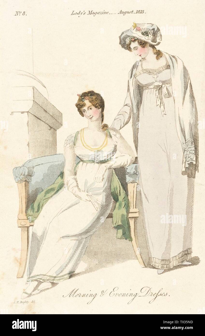 Fashion plate (robes Du Matin et Du Soir); Angleterre, Londres, août 1813;  gravures; gravure De couleur À La Main sur papier Don de Dr. et Mme Gerald  Labiner (M. 86.266.146) costumes et