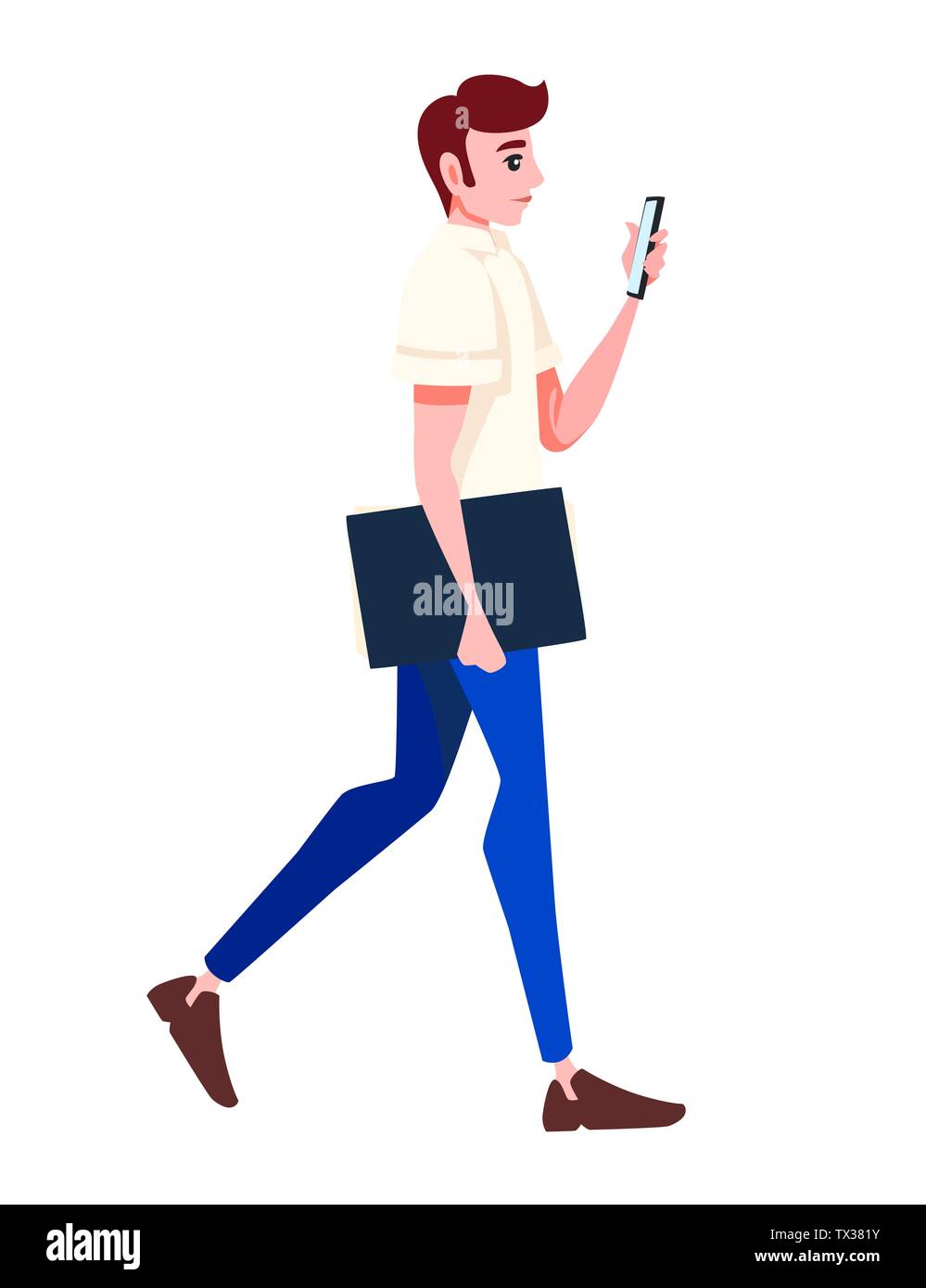 Un homme passe et tient dans une main un dossier pour le papier dans l'autre main un smartphone personnage télévision design vector illustration Illustration de Vecteur