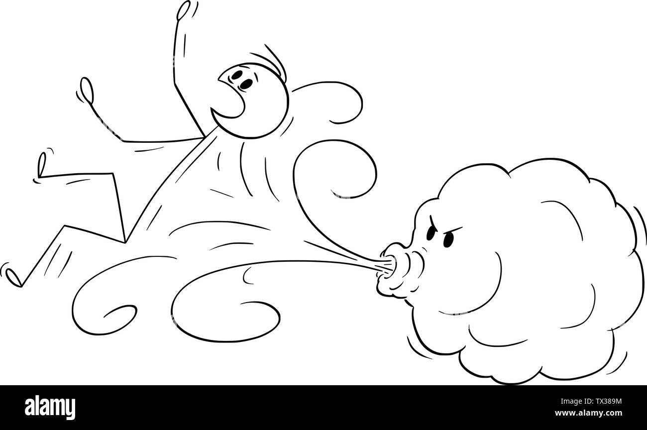 Vector cartoon stick figure dessin illustration conceptuelle de vent représenté par petit nuage soufflant un homme de l'hôtel. Illustration de Vecteur