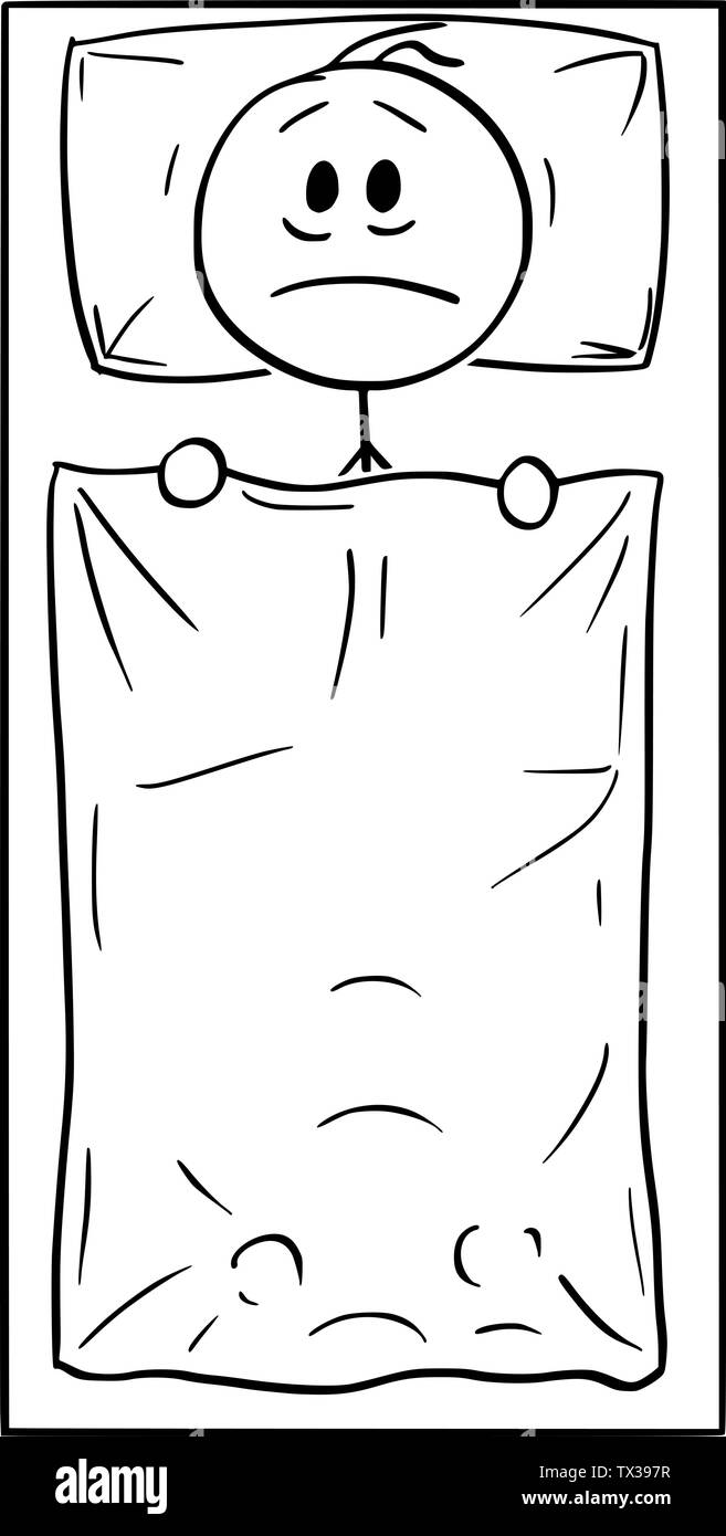 Vector cartoon stick figure dessin illustration conceptuelle de l'homme ayant des problèmes se trouvant seul dans lit dans la chambre et la pensée. La dépression ou l'insomnie concept. Illustration de Vecteur