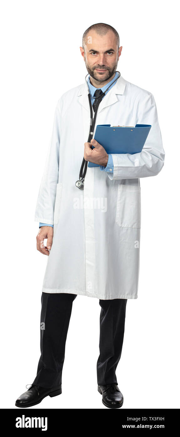 Portrait of caucasian doctor avec gown isolé sur blanc. Banque D'Images