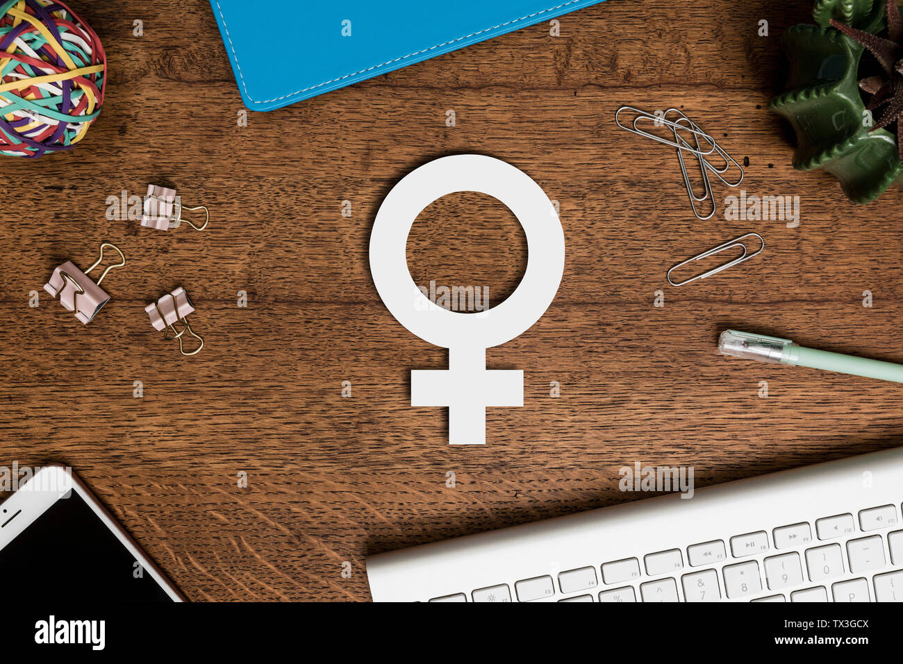 Voir l'article ci-dessus du symbole féminin sur un bureau en bois Banque D'Images